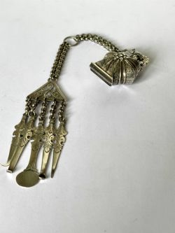 ANTIQUE SILVER WHITE METAL CHATELAINE WITH VINAIGRETTE AND 5 HANGING TOOLS