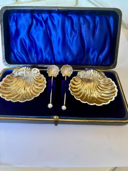 FULL SET EDWARDIAN SILVER SALTS SPOONS FITTED CASE 1904 WILLIAM HENRY LEATHER