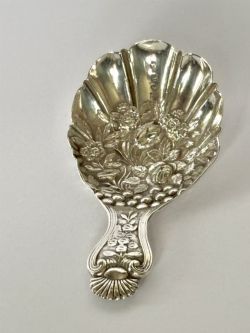 EARLY VICTORIAN SILVER SHELL CADDY SPOON FLOWERS JOSEPH WILLMORE BHAM 1844