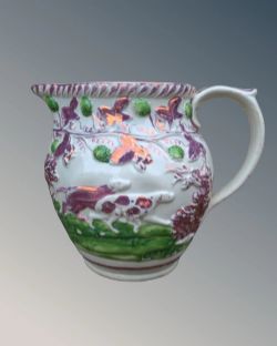 ANTIQUE SUNDERLAND PINK LUSTRE JUG HOUNDS