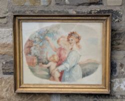 CHARMING WATERCOLOUR CLASSICAL SCENE YOUNG LADIES AND CHILD