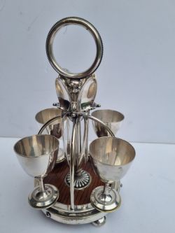 VICTORIAN SILVER PLATE AND OAK 4 PIECE EGG CRUET C 1880