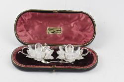 AESTHETIC PERIOD SILVER SALTS WITH GLASS LINERS AND MATCHED SPOONS