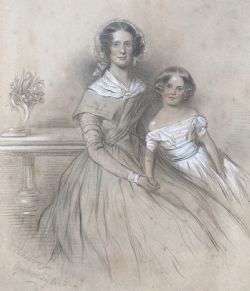 GEORGES WOODLEY 1840 SIGNED ORIGINAL 19TH CENTURY ANTIQUE WATERCOLOUR PAINTING FAMILY PORTRAIT MOTHER DAUGHTER
