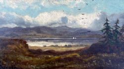 SIGNED INDISTINCTLY ORIGINAL EARLY 20TH CENTURY ANTIQUE OIL PAINTING ON BOARD LAKE MOUNTAIN LANDSCAPE WITH SAILING BOATS