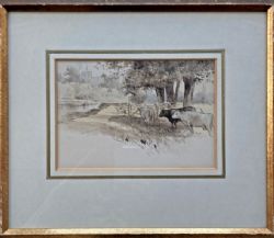ATTRIBUTED VERSO PERCY ROBERTSON LATE 19TH CENTURY ANTIQUE GRISAILLE WATERCOLOUR PAINTING 'THAMES NEAR OXFORD' ENGLISH PASTORAL LANDSCAPE
