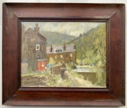 MID 20TH CENTURY VINTAGE BRITISH NORTHERN ART ORIGINAL OIL PAINTING ON BOARD HOUSES LAKE LANDSCAPE