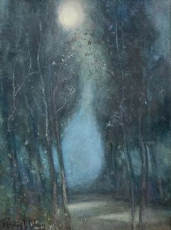 JOYCE DEIGHTON DIXON SIGNED ORIGINAL EARLY 20TH CENTURY ANTIQUE WATERCOLOUR PAINTING FULL MOON MOONLIGHT TREE WOODLAND LANDSCAPE