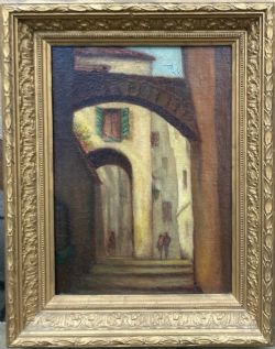 ORIGINAL 19TH CENTURY ITALIAN SCHOOL OIL PAINTING ON CANVAS ATTACHED TO PANEL A VIEW THROUGH ARCHWAYS ITALY LANDSCAPE