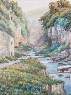 CHARLES B ENGLISH SIGNED ORIGINAL EARLY 20TH CENTURY ANTIQUE WATERCOLOUR PAINTING ENGLISH RAVINE RIVER LANDSCAPE