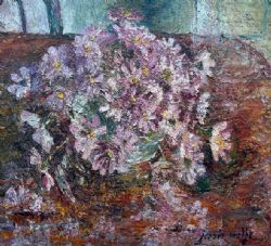 JESSIE WOLFE SIGNED ORIGINAL EARLY 20TH CENTURY ANTIQUE OIL PAINTING ON CANVAS STILL LIFE STUDY OF MAUVE CHRYSANTHEMUM FLOWERS