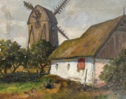 INDISTINCTLY SIGNED LATE 19TH CENTURY ANTIQUE FRENCH SCHOOL OIL PAINTING ON CANVAS WINDMILL FARMHOUSE CONTINENTAL LANDSCAPE