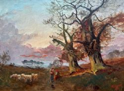 W HALLAM 1915 SIGNED ORIGINAL EARLY 20TH CENTURY ANTIQUE OIL PAINTING ON BOARD PASTORAL SUNSET SCENE IN GILT FRAME