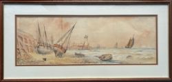 J GELDARD WALTON SIGNED ORIGINAL LATE 19TH CENTURY ANTIQUE WATERCOLOUR PAINTING SCARBOROUGH HARBOUR LIGHTHOUSE YORKSHIRE COAST SEASCAPE