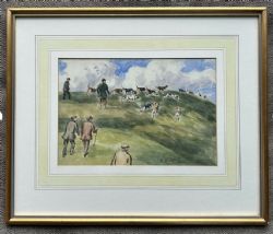G A SHORT SIGNED ORIGINAL ANTIQUE WATERCOLOUR PAINTING FOX HUNTING SCENE HOUNDS FIGURES ENGLISH LANDSCAPE