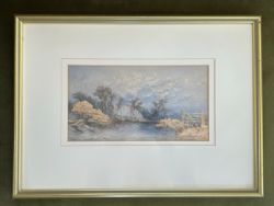 ORIGINAL ANTIQUE WATERCOLOUR PAINTING RIVER COTTAGE LANDSCAPE THAMES SURREY