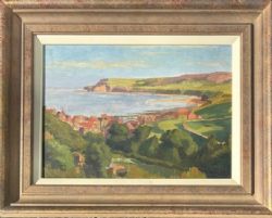 WILLIAM J B JENKINS MID 20TH CENTURY VINTAGE OIL PAINTING ON BOARD VIEW FROM BANK TOP NEAR ROBIN HOODS BAY TOWARDS RAVENSCAR YORKSHIRE COAST BRITISH LANDSCAPE
