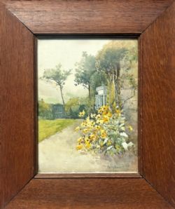 HARRY WANLESS 1899 SIGNED ORIGINAL LATE 19TH CENTURY ANTIQUE WATERCOLOUR PAINTING GARDEN LANDSCAPE WITH YELLOW RUDBECKIA FLOWERS