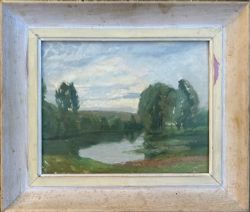 HUBERT WELLINGTON ORIGINAL EARLY 20TH CENTURY BRITISH VINTAGE OIL PAINTING ON WOOD PANEL GLOUCESTERSHIRE RIVER LANDSCAPE