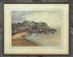 F A ROYLANCE 1908 SIGNED ORIGINAL EARLY 20TH CENTURY ANTIQUE WATERCOLOUR PAINTING SCARBOROUGH BAY HARBOUR YORKSHIRE COAST LANDSCAPE