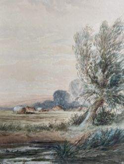 ORIGINAL SIGNED EARLY 20TH CENTURY ANTIQUE WATERCOLOUR PAINTING HAYMAKING NEAR ABINGDON ON THAMES ENGLISH PASTORAL LANDSCAPE