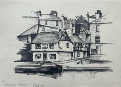 PETER SPINK 1958 ORIGINAL VINTAGE INK DRAWING NEAR RIVER OUSE BRIDGE IN YORK