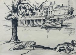 PETER SPINK 1959 ORIGINAL VINTAGE INK DRAWING OF HILLS BOATYARD RIVER OUSE YORK