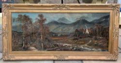 LARGE SIGNED ORIGINAL ANTIQUE OIL PAINTING ON BOARD HIGHLAND COTTAGE AND MOUNTAINS LANDSCAPE SCENE 1