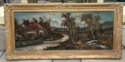 LARGE SIGNED ORIGINAL ANTIQUE OIL PAINTING ON BOARD OF HIGHLAND COTTAGE LANDSCAPE SCENE 2
