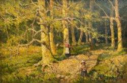 FERDINAND E GRNE RBA SIGNED ORIGINAL ANTIQUE OIL PAINTING ON CANVAS WOODLAND WITH FIGURES BRITISH LANDSCAPE