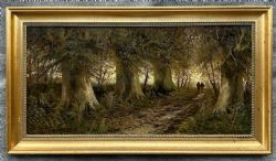 THOMAS W LASCELLES SIGNED ORIGINAL LATE 19TH CENTURY ANTIQUE OIL PAINTING WOODLAND WITH FIGURES