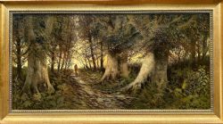 THOMAS W LASCELLES SIGNED LATE 19TH CENTURY ANTIQUE ORIGINAL OIL PAINTING ON CANVAS SUNSET WOODLAND FIGURE