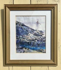 KENNETH COZENS 1967 SIGNED ORIGINAL MID 20TH CENTURY INK AND WATERCOLOUR FRAMED PAINTING WAITING SHIP STAFFA