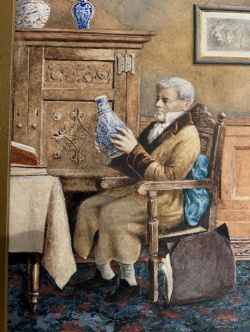 FOLLOWER OF HENRY STACY MARKS ORIGINAL LATE 19TH CENTURY ANTIQUE WATERCOLOUR PAINTING GENTLEMAN EXAMINING A BLUE VASE