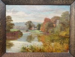 FREDERICK MARRIOTT SIGNED ORIGINAL LATE 19TH CENTURY ENGLISH ANTIQUE OIL PAINTING ON CANVAS AUTUMN RIVER LANDSCAPE