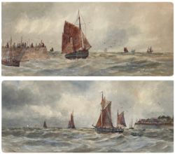 WILLIAM CANNON 1902 SIGNED PAIR OF ORIGINAL EARLY 20TH CENTURY ANTIQUE WATERCOLOUR PAINTINGS FISHING BOATS BRITISH SEASCAPE