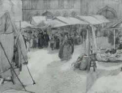 HENRY PERCY HUGGILL SIGNED ORIGINAL EARLY 20TH CENTURY PENCIL DRAWING BRUGES MARKET BELGIUM ABBOTT HOLDER