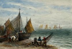 JAMES ORROCK SIGNED ORIGINAL LATE 19TH CENTURY ANTIQUE BRITISH WATERCOLOUR PAINTING BRIGHTON BEACH FISHING BOAT SEASCAPE