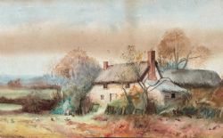 ORIGINAL ANTIQUE WATERCOLOUR PAINTING COTTAGE LANDSCAPE WITH OLD PRINT VERSO