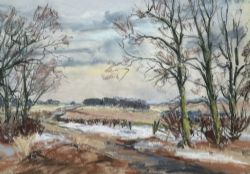 ANGUS RANDS ORIGINAL PASTEL DRAWING PAINTING NEAR LONDESBOROUGH EAST YORKSHIRE WOLDS SNOW SCENE MID 20TH CENTURY BRITISH LANDSCAPE