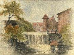 ORIGINAL 19TH CENTURY ANTIQUE GERMAN WATERCOLOUR PAINTING CIRCA 1890 ZOLLERNSCHLOSS BALINGEN EYACH WEIR HISTORICAL CONTINENTAL LANDSCAPE