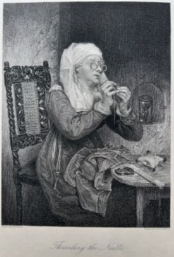 ORIGINAL EARLY 19TH CENTURY ANTIQUE C1837 MOUNTED PRINT THREADING THE NEEDLE ENGRAVING AFTER M W SHARP SEWING STUDY