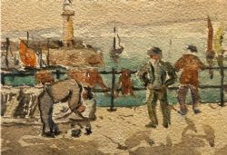 GEORGE F PENNINGTON ORIGINAL VINTAGE WATERCOLOUR PAINTING ST IVES MENDING NETS