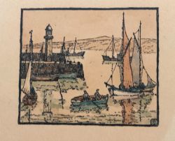 GEORGE FARQUHAR PENNINGTON MONOGRAMMED ORIGINAL EARLY 20TH CENTURY MINIATURE VINTAGE WOODBLOCK PRINT ST IVES HARBOUR WITH FISHING BOATS