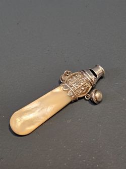 VICTORIAN SILVER AND MOTHER OF PEARL SOOTHER WHISTLE AND RATTLE