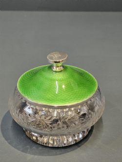 ENGINE TURNED GREEN ENAMEL TABLE JAR