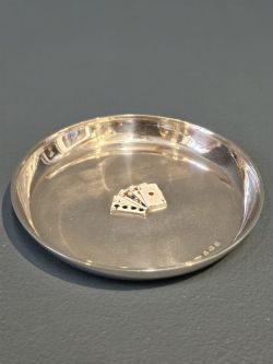SILVER DISH WITH ENAMEL PLAYING CARD DECORATION
