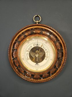 LARGE VICTORIAN CARVED WALNUT SKELETONISED ANEROID BAROMETER