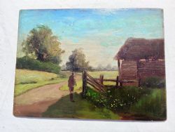 ANTIQUE LANDSCAPE WITH FIGURE OIL ON WOODEN BOARD ENGLISH SCHOOL