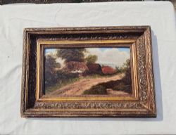 OIL ON CARD CIRCA 1900 THATCHED COTTAGE ENGLISH SCHOOL